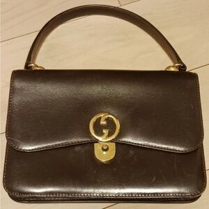 Gucci Dark Brown Leather Shoulder Bag with Gold Accents